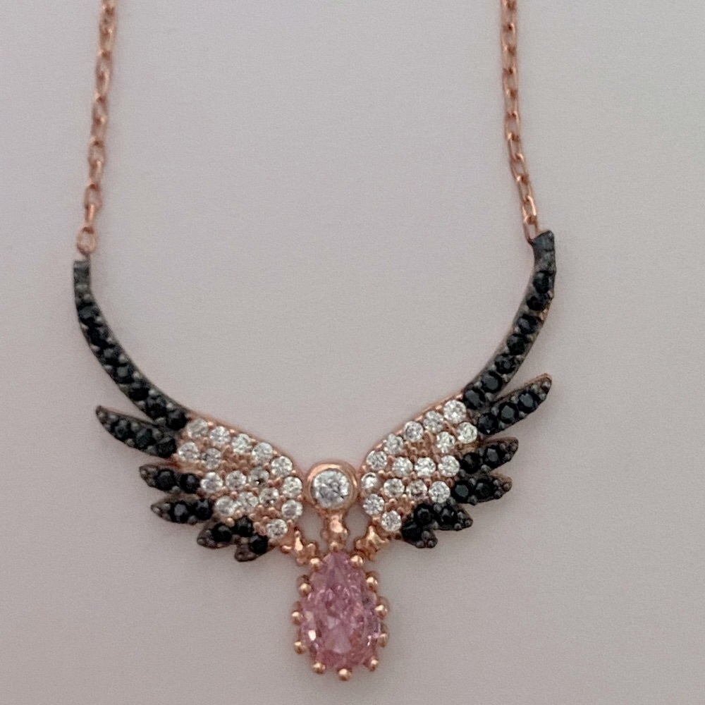 925 Silver angelwing necklace cz rose gold plated with big pink stone